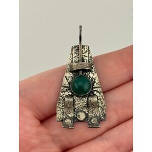 Vintage Israel Signed Brutalist Textured Sterling Silver Green Glass Pendant